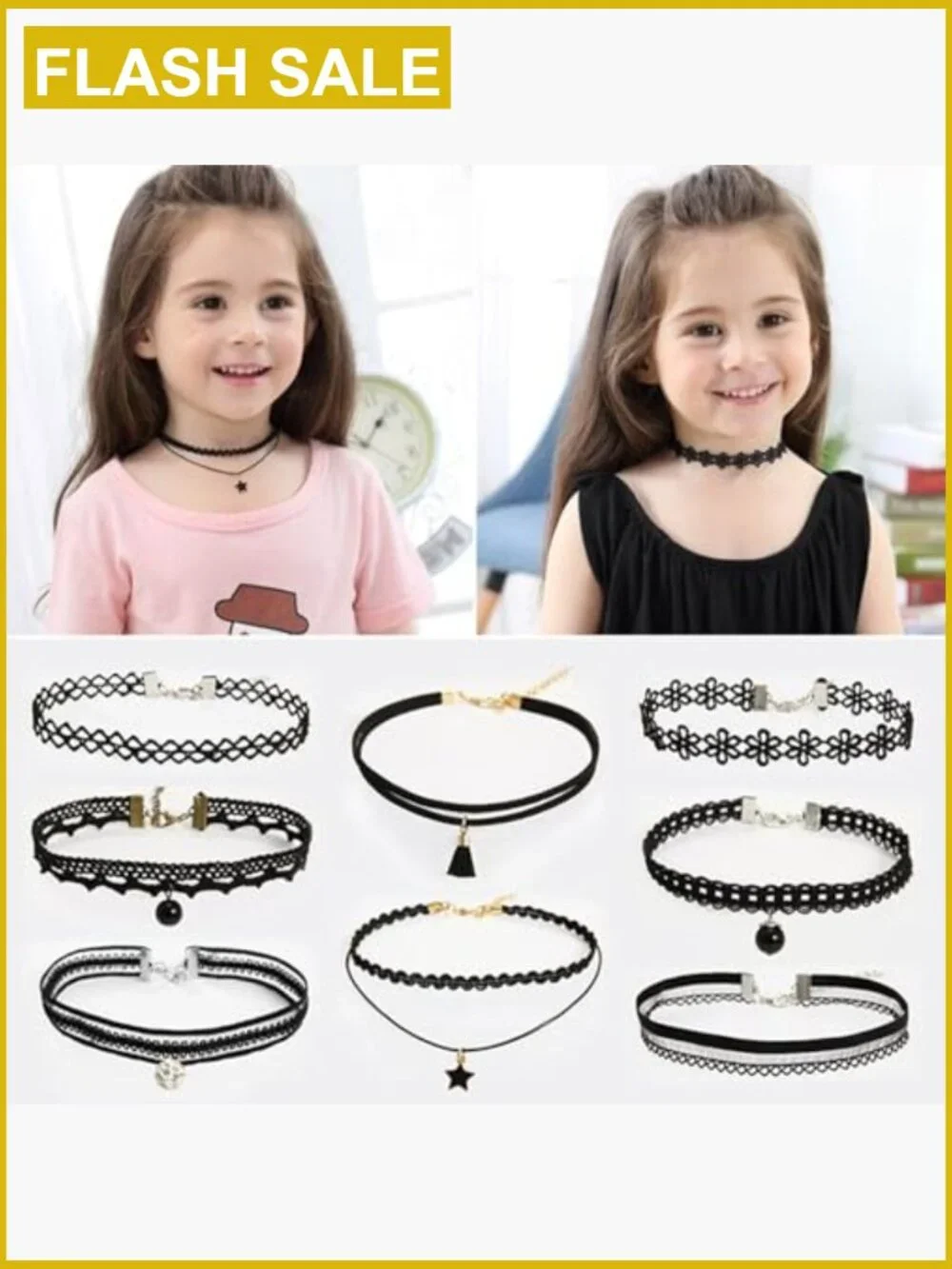 8-Piece Kids Choker Necklace Set - Velvet, Lace, Gothic Styles